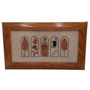 Prim Autumn Cross Stitch Framed Completed Wall Art Fall Pumpkin Crow Trees 19 In